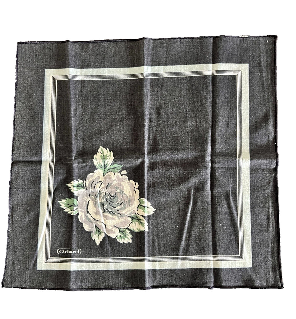 Cacharel Fabric Napkins Set of 6 Dark Navy White Rose Green Leaf Print Vintage